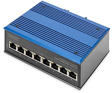 DIGITUS Netzwerk-Switch - 8-Port Fast Ethernet - DIN-Rail Montage - Klemmleiste - Lüfterlos - Schwarz/Blau