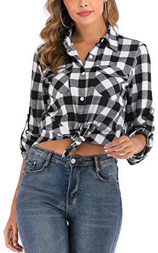 Enjoyoself Damen Karrierte Bluse Langarm Karo Flanell Hemden Baumwolle Button-down Hemdbluse für Alltag und Oktoberfest,Schwarz-Weiß,S