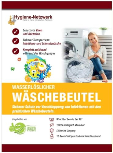 10 wasserlösliche Wäschebeutel zum Verpacken verschmutzter oder kontaminierter Wäsche. Für Privat, Krankenhäuser, Pflegheime, Hotels. Größe 4kg oder 21 Liter. Rückstandslos in Waschmaschine auflösbar