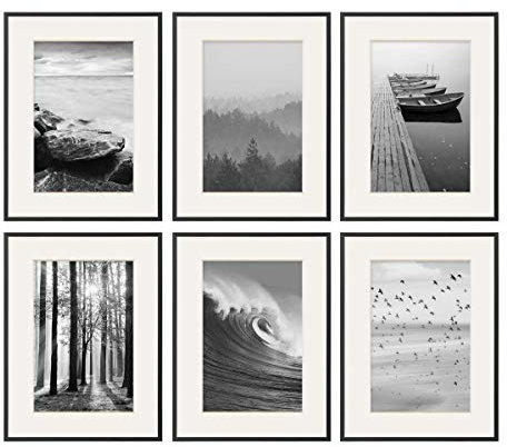 PHOTOLINI Alu-Bilderrahmen 30x40 cm Schwarz schmal, 6er Set Metall-Rahmen aus Aluminium, bruchsicheres Acrylglas, mit Passepartout für Fotos 20x30 cm, Zubehör, modernes Design für Poster & Fotos