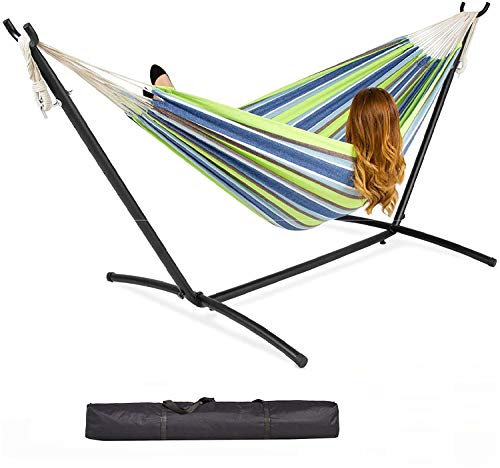 Gr8 Garden Single Cotton Hammock Outdoor Camping Patio Bed Swing with Space Saving Steel Metal Stand Frame