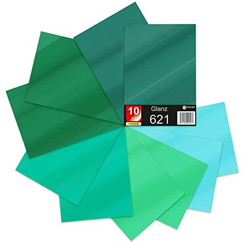10 x Din A4 Bögen Plotterfolie 621/631 Selbstklebende Folie im Set Vinyl zum Plotten DIY Bastelfolie Sticker Beschriftung Aufkleber 29,7x21cm (Grüntöne glanz, 10er Set)