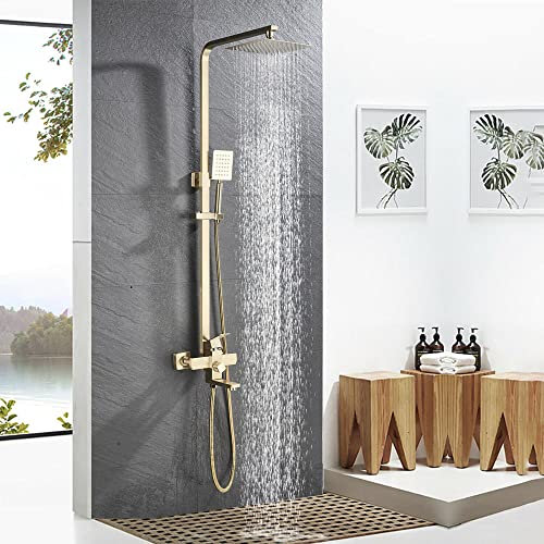 Gnailur Rainfall Brausearmatur Systemmischer-Set Handbrause Warm- und Kaltwasser Wandmontierte verstellbare Armatur-gebürstetes Gold
