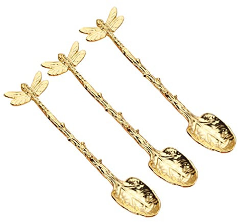 BESTonZON 3 Unids Vintage Postre Cuchara Aleación Aleación Libélula Pastel Cuchara Helado Cuchara Café Espresso Té Mezclando Cuchara Decorativo Vajilla Dorado