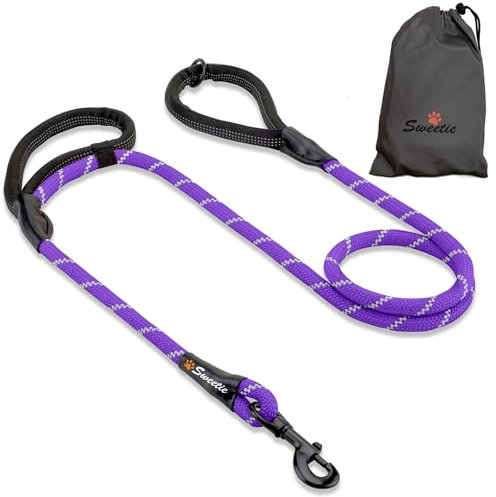 Rope Dog Lead, Purple Strong Leash, 2 Padded Handles 5 FT - Medium, Large Dogs - Reflective, Weather Resistant.