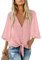 Vancavoo Chemisier Femme Chemise Manches Courtes 3/4 Blouse Femme Top Mousseline de Soie Chemise Décontractée avec Nœud Mode Haut Boutonné Col V Casual T-Shirt Couleur Unie S-XXL(Rose,L)
