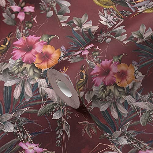 A.S. Création Tapete Dunkelrot mit Vögeln Vliestapete Blumen Rot Grün Schlafzimmer 381785 10,05x0,53m Made in Germany