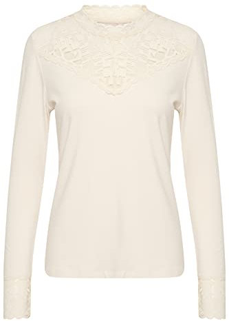 Cream Women's Blouse Top Lace Details Jersey Long Sleeves Slim Fit, Eggnog, M