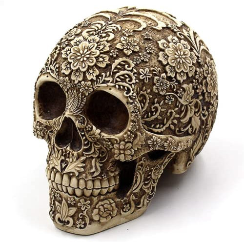 Wynameleri Kreative Totenkopf-Blumen-Skulptur 20,6 cm, menschlicher Kopf Skelett-Statue, Halloween Heimdekoration, kunstvolles Blumen-Totenkopf-Gesicht, realistisches Modell Skulptur Geschenke