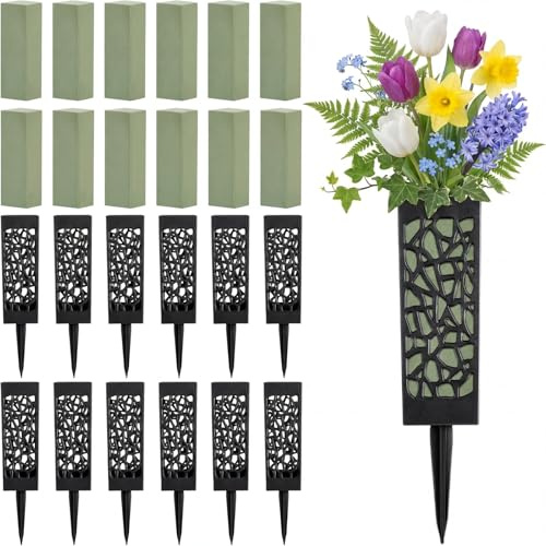 12 Stück Grabmarker, Blumenhalter, Gräber, Friedhofsvasen mit 12 Stück grünen Blumen-Schaumstoffblöcken, Friedhof, lange Spikes für Friedhof, Outdoor-Gedenkstätten