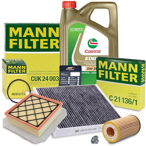 MANN-FILTER Inspektionspaket Filterset 1x Ölfilter, 1x Luftfilter, 1x Innenraumfilter, 1x Motoröl 0W-30 EDGE FLUID TITANIUM 5 l, 1x Ölablassschraube mit Dichtung Kompatibel mit OPEL MERIVA B (S10)