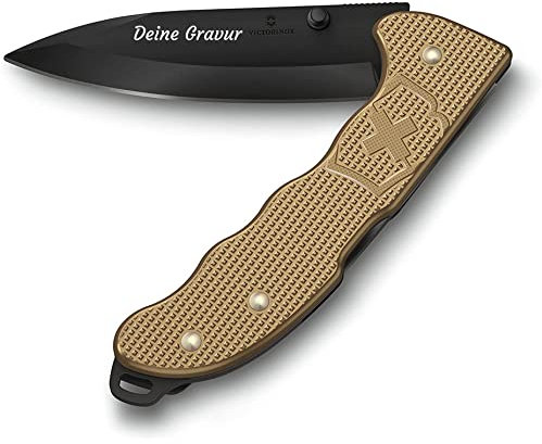 Victorinox Taschenmesser Evoke BS Alox mit Gravur auf der Klinge Griff I Geschenk für Männer Frauen I zum Geburtstag I Schweizer Taschenmesser personalisiert mit 4 Funktionen (beige)