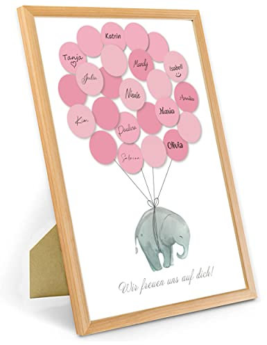 Babyparty Gästebuch Baby Shower Set Gastgeschenk Pullerparty Erinnerungsstück/Andenken beschreibbar/Fingerabdruck mit Bilderrahmen (Natur - Elefant Rosa)