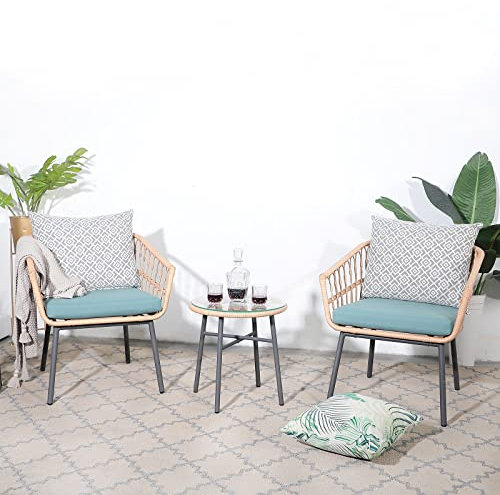 wOod-it Set di 3 mobili da patio, per conversazioni all'aperto, con tavolino da caffè temperato e sedie in vimini, per giardino, balcone, cortile, piscina (verde)