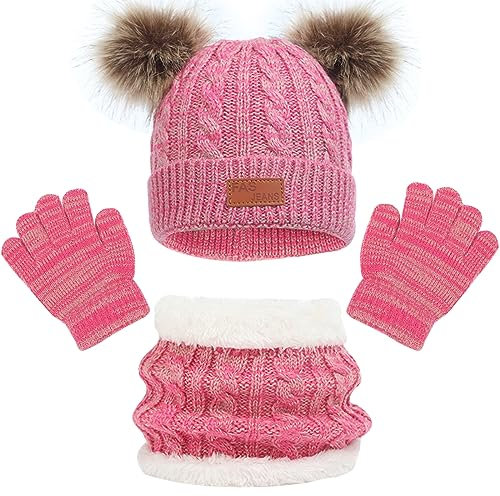 Kids Winter Beanie Hat Scarf Gloves Set, Thermal Knitted Pom Bobble Hat With Fleece Lining for Boys and Girls 2-8, Children Winter Warm Accessories for Outdoor Sports (Pink)