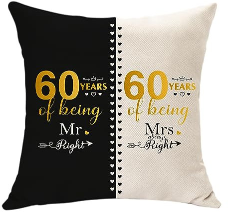 Mr. Right and Mrs. Always Right Gifts - 60 Years of Marriage Gifts for Couple Anniversary Cushion Cover for Husband Wife 60th Wedding Gifts for Grandma Grandpa Aunt Wedding Anniversary Keepsake (60th)