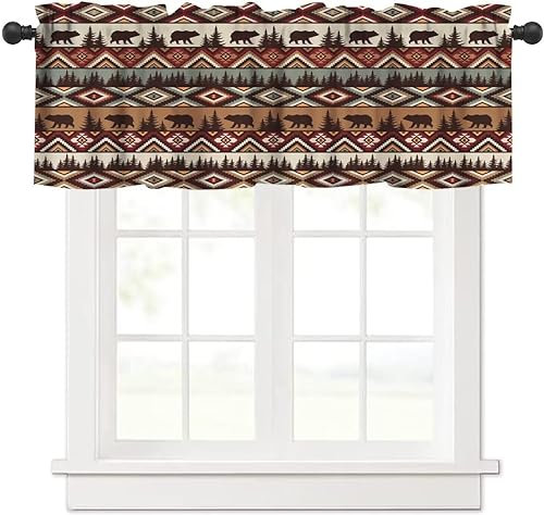 SHElifestyle Bear Tribal Azteken-Volant-Vorhang, rustikaler Tannenbaum, Hütte, Landhaus, Camping, Retro, abstrakt, geometrisch, Fensterbehandlung, Volants für Küche, Wohnzimmer, Café, Dekor, 137 x 45