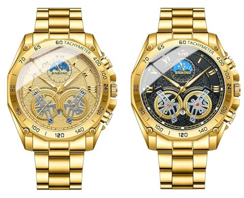 JewelryWe Uhren Herren Edelstahl Tourbillon: 2pcs Datum Kalender 30m wasserdichte Analog Quarz Armbanduhr Männer Gold Edelstahl Armband Uhr mit Doppelt Tourbillon Zifferblatt und Leuchtzeiger