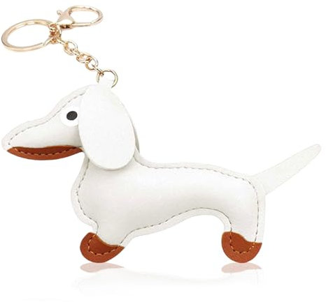 NATOSU Hund Dackel Schlüsselanhänger aus Leder, Glücksbringer Sausage Dog Keychain Geschenke für Lieblingsmensch Frauen Männer Kinder Geburtstag Weihnachten Schlüsselring,Weiß