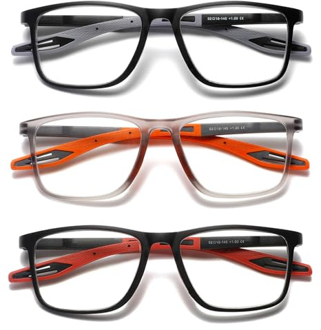 Hubeye TR90 Sports Reading Glasses for Men and Women Square Comfortable Flexible Blue Light Blocking Computer Reader (Black+Orange+Red, 2.75)