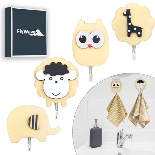 FlyWave Multifunzionali Ganci Appendiabiti Bambini e Ganci Adesivi - Set da Parete in Legno per Cameretta, Cappotti, Asciugamani, Senza Forature - 4 Pezzi, Design Animale