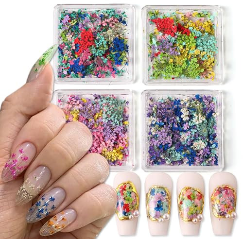 Dry Flowers Nail Art,4 Boxes 3D Nail Art Dried Flower,Colorful Natural Real Dried Flower Nails Decals Supplies for Manicure Design Decoration DIY Craft (Colorful 4 Boxes)