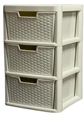 3 Drawer Large Plastic Storage Drawer Unit Rattan| Cream Plastic Organizer Chest Tower Unit Cabinet |Heavy Duty Home Bedroom Kitchen Office School | 39 DEPTH x 39 WIDTH x 62 HEIGHT cm
