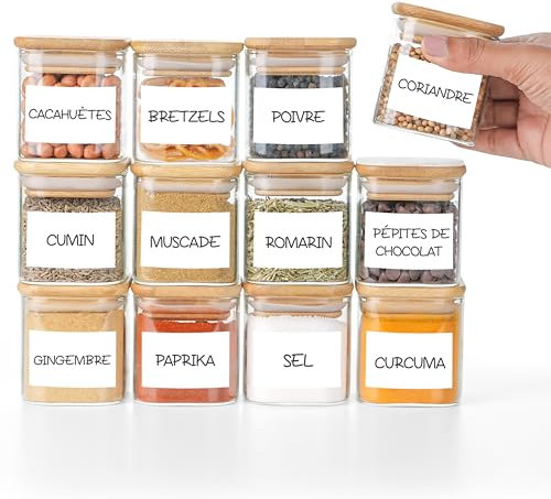 Winter Shore Pots Epices en Verre de 180 ml avec Étiquettes & Couvercles en Bambou (Lot de 12) - Petit Bocaux Epices Verre - Pot Rangement Cuisine pour Aliment Secs & Herbes