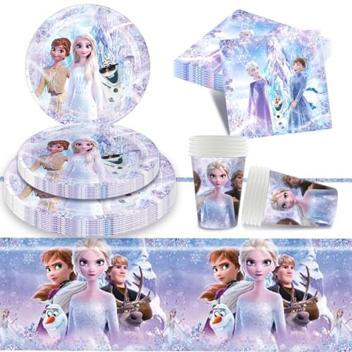 81 Stück Partygeschirr Set, Eisprinzessin Geburtstag Partygeschirr Tableware Partyzubehör Supplies Enthalten Teller, Pappbecher, Servietten, Tischdecke, für Kindergeburtstag Party Decoration