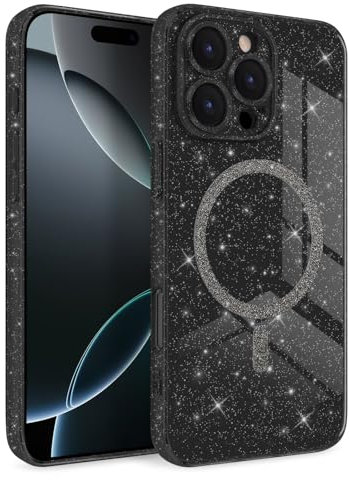 Newseego Glitter Clear Case for iPhone 16 Pro Max [Compatible with MagSafe], Magnetic Phone Case Girls Women Sparkly Bling Slim Shockproof Camera Protection Bumper Cover for iPhone 16 Pro Max-Black