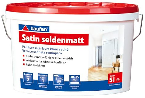 Baufan Peinture intérieure blanc satiné 5 l | résistante à l’usure | haut pouvoir couvrant