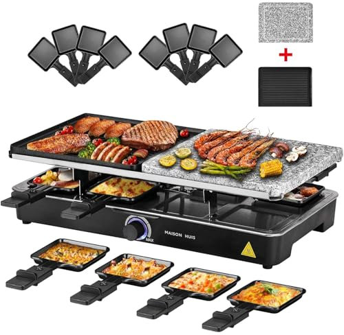 MAISON HUIS Raclette Grill 2-in-1 mit Naturgrillstein und Grill-Platte für 8 Personen, 1400 Watt, Schwarz, Modern, Antihaftbeschichtung, Edelstahl, Kunststoff