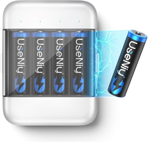 Rechargeable Lithium AA Batteries 4-Pack with Charger, 3000mWh High Capacity 1.5V AA Batteries, [2-1] Charing-Storage Box Integrated Charger
