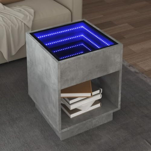 Myheimly Couchtisch, Beistelltisch mit Infinity-LED, Sofatisch Kaffeetisch für Wohnzimmer, Teetisch Wohnzimmertisch, Holzwerkstoff Glas Couchtisch Betongrau,40 x 40 x 50 cm