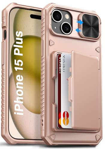 Vihibii pour iPhone 15 Plus/iPhone 14 Plus Portefeuille Etui, Protection Cache Objecti, RFID Blocage, Militaire Antichoc Rigide Étui Anti-Rayures Case pour iPhone 15/14 Plus, 6.7 Pouces, Or Rose