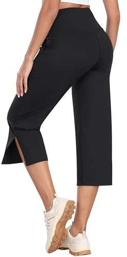 MoFiz Damen Outdoorhose Caprihose Stretch Sporthose 3/4 Lang Cross-Waist Flare Yogahosen mit Tasche