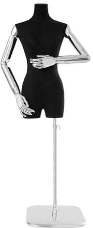 HuKaiL Schneiderpuppe, Schaufensterpuppe Weiblich Bügelpuppe mit Verstellbar Höhe 120-210cm, Abnehmbare Torso Annequin mit Wildleder Stoff für Ausstellen Kleidung, Silber+Schwarz