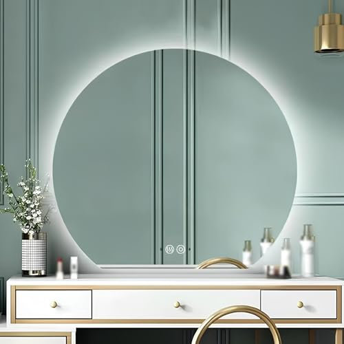 LTSRLL Specchio da Bagno Rotondo A LED A Mezzaluna con Luci Specchio A Figura Intera per Il Trucco Antiappannamento Senza Cornice Semicircolare per Ingresso A Parete(Middle,72x80cm)