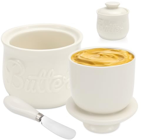 UVVRUR Keramik Butterdose Französische Butterdose Butterglocke aus Keramik mit Deckel und Buttermesser Butterbehälter mit Wassergekühlt für Frische Streichzarte Butter, Vintage Design (Weiß)