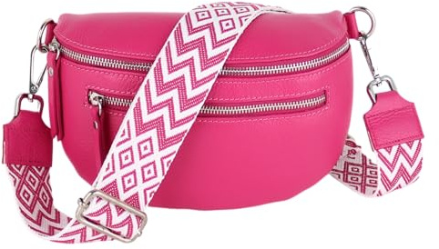 MIRROSI® Damen Bauchtasche Umhängetasche 27x14,5x8cm Damen, Made in Italy, aus Echtleder Tasche Echtes Leder, Brusttasche, Crossbody Bag,Bohemian Style (1 Tasche 2 Gurte) (Pink (Boho))