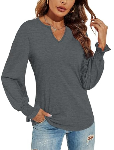 DUOEASE Camiseta Manga Larga Mujer Cuello V Holgado Top Cuello V Blusas de Mujer Elegantes