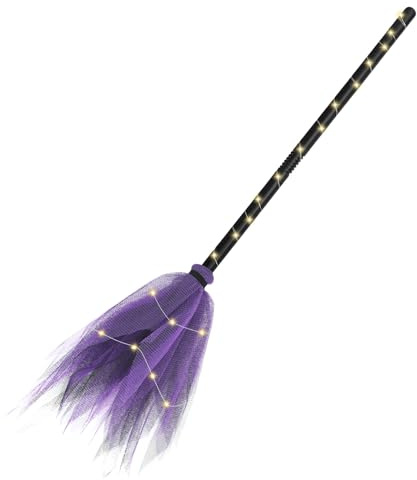 ENLACE Escoba de bruja con cadena de luces LED, 2 m, plumas moradas, mango negro