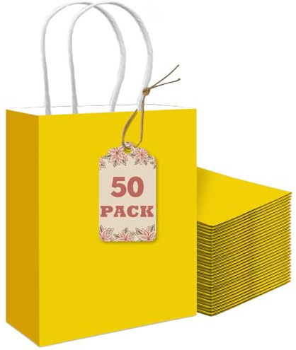 Gcardist 50 pezzi Sacchetti regalo luminosi in carta gialla con manici – 21,1 cm × 15,2 cm × 8 cm – Sacchettini per feste di piccole dimensioni per molteplici usi