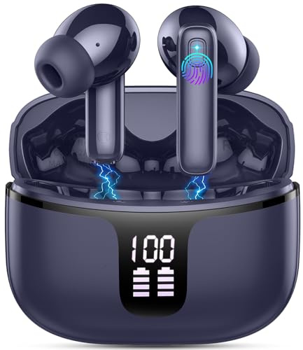 Bluetooth Kopfhörer, Kopfhörer Kabellos Bluetooth 5.3 mit 4 ENC Noise Cancelling Mic, Kabellose Kopfhörer HiFi Stereo Tiefbass Wireless Earbuds 40Std, IP7 Wasserdicht Ohrhörer Sport LED Anzeige Blau