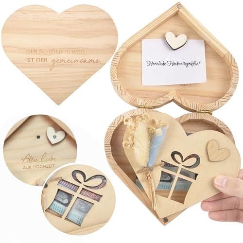 Geldgeschenk Hochzeit Geld Hochzeitsgeschenke für Brautpaar - Ideen Geldgeschenke Verpackung Set mit Herzförmige Holzbox, Trockenblumen, DIY Karte, Kleinigkeit Geschenkbox für Geld Wedding