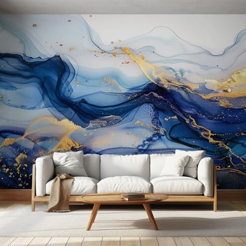 Blue Gold Marble Photo Wallpaper for Bedroom, Quicksand Fluid Art Wall Mural for Living Room, Blue Gold Wallpaper 150x105 Nonwoven Wall Paper Home Decor W&26