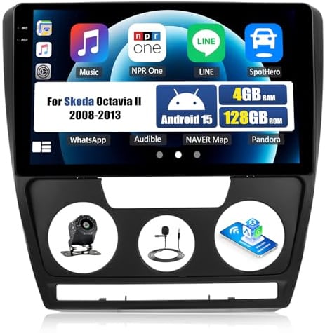 CAMECHO 4+128G Android 15 Autoradio 10 Pulgadas para Skoda Octavia II 2008-2013, GPS Bluetooth Radio con Incell Pantalla Táctil con Carplay Inalámbrico Android Car FM RDS Espejo Enlace +Canbus