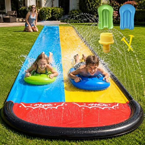 CLIUNT Scivolo ad Acqua, 600 x 140cm Scivoli d'Acqua Doppio, Scivolo Acquatico Giardino con 2 Bodyboards, irrigatore, per i Giochi d'Acqua Estivi in Giardino, All'aperto o sul Prato