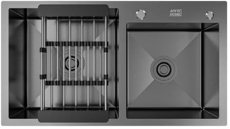 ANW HOME Fregadero Cocina 2 Senos 78x43 cm, Grafito PVD | Sobre Encimera, Revestimiento Nano, Grosor 3.0+1 mm