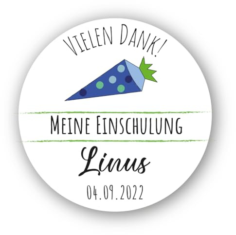 24 personalisierte DANKE Aufkleber zur Einschulung | personalisiert mit Wunschnamen & Datum | VIELEN DANK Schultüte Zuckertüte | Gastgeschenke, Mitgebsel | Einschulungsdeko Etiketten 4 cm (dunkelblau)